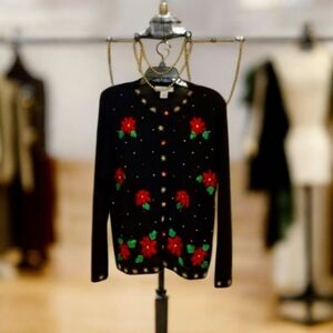 Winter Holiday Sweater cardigan button black red green size Med by Ar…